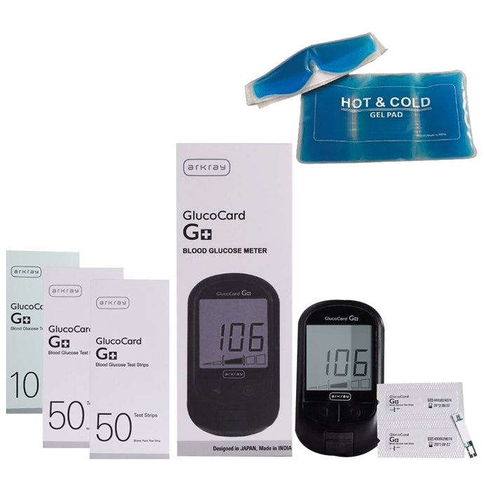 Arkray Combo Pack of Glucocard G+ Blood Glucose Meter & Relax and Relief Kit with 10+50+50 Individual Pack Strips - Classic Derma