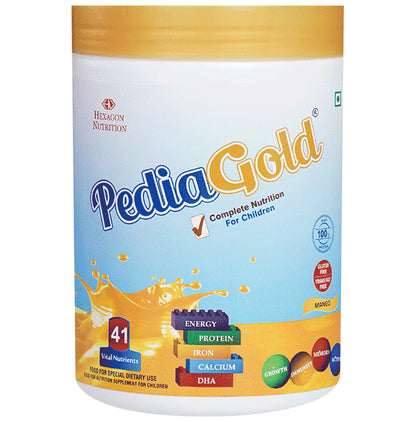 PediaGold with Protein, Iron, Calcium & DHA | For Kids' Growth & Immunity | Flavour Mango Powder - Classic Derma