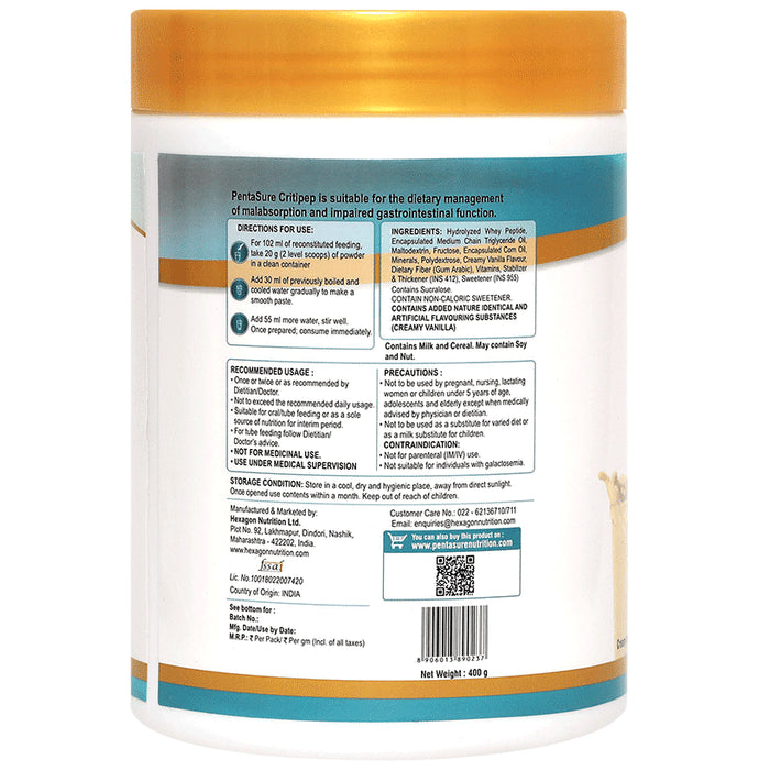 PentaSure Critipep 100% Whey Peptide | Gluten Free | Flavour Powder Creamy Vanilla | With Essential Vitamins | Nutrition Formula