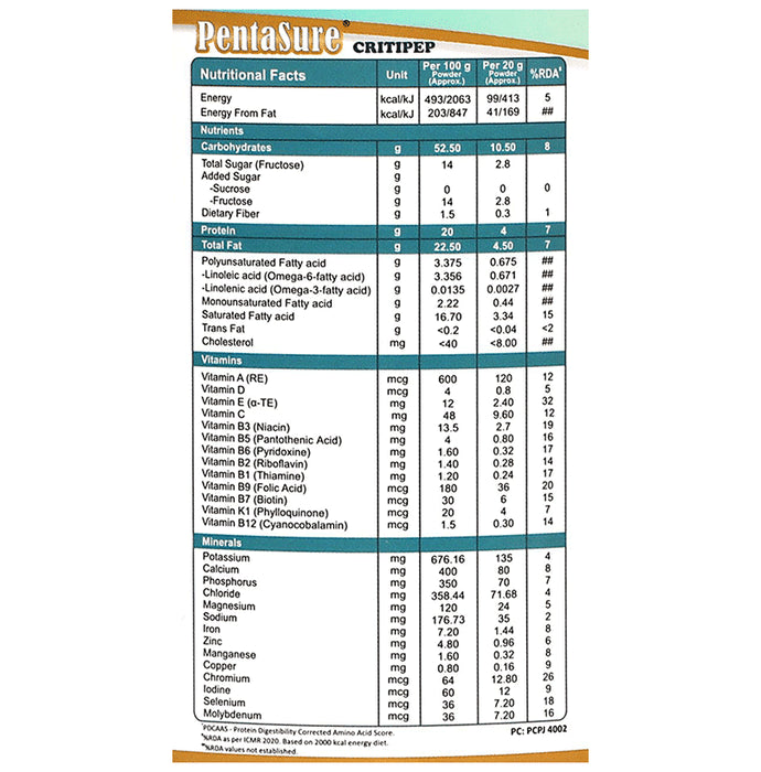 PentaSure Critipep 100% Whey Peptide | Gluten Free | Flavour Powder Creamy Vanilla | With Essential Vitamins | Nutrition Formula