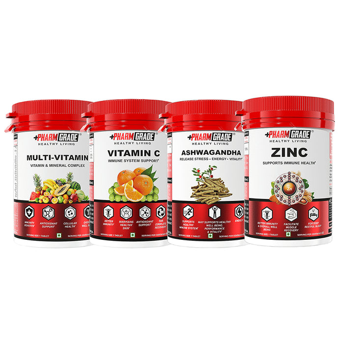 Pharmgrade Combo Pack of Multi-Vitamin, Vitamin C, Ashwagandha & Zinc Tablet (60 Each) - Classic Derma