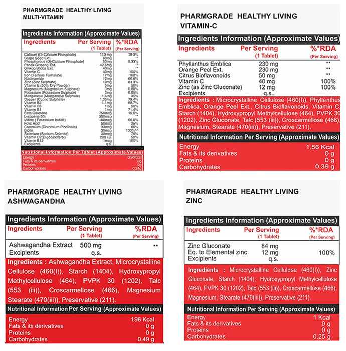 Pharmgrade Combo Pack of Multi-Vitamin, Vitamin C, Ashwagandha & Zinc Tablet (60 Each)