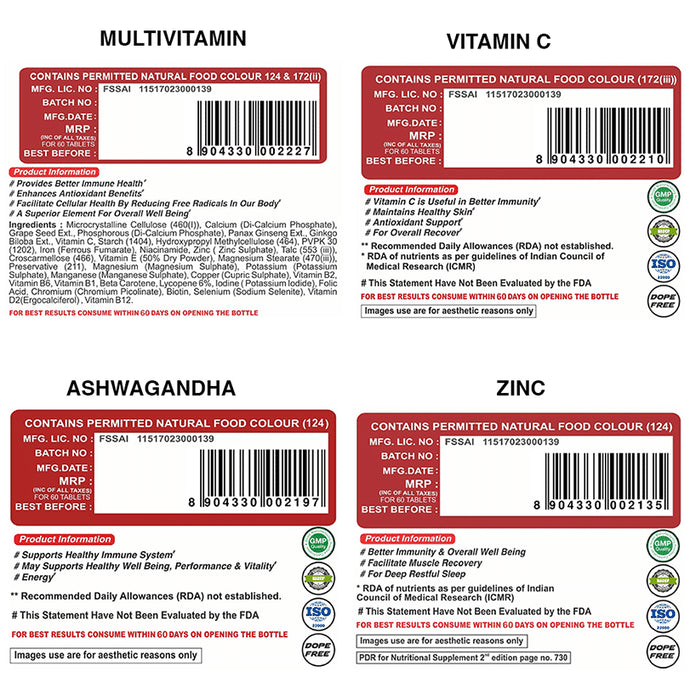 Pharmgrade Combo Pack of Multi-Vitamin, Vitamin C, Ashwagandha & Zinc Tablet (60 Each)