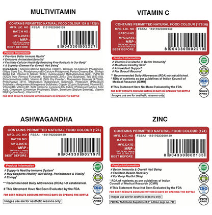 Pharmgrade Combo Pack of Multi-Vitamin, Vitamin C, Ashwagandha & Zinc Tablet (60 Each)