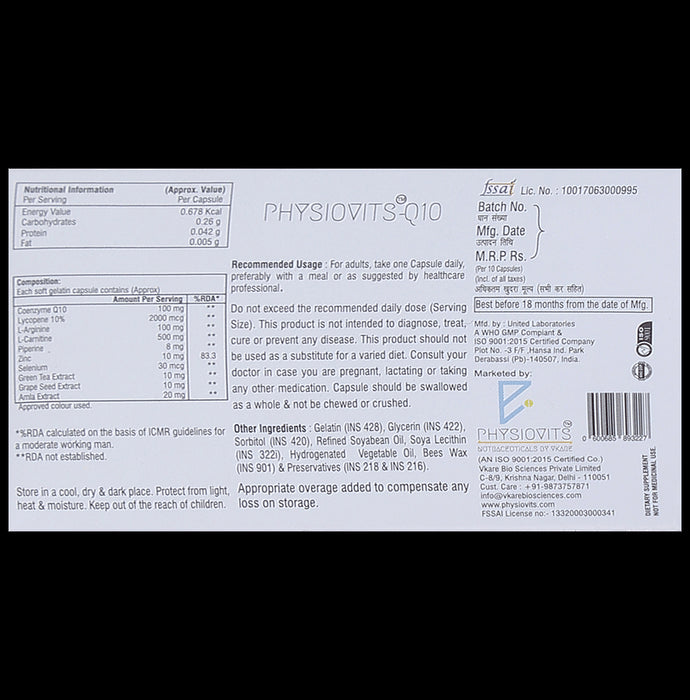 Physiovits Q10 Coenzyme Q 10 Softgel Capsule