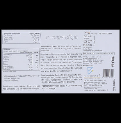 Physiovits Q10 Coenzyme Q 10 Softgel Capsule