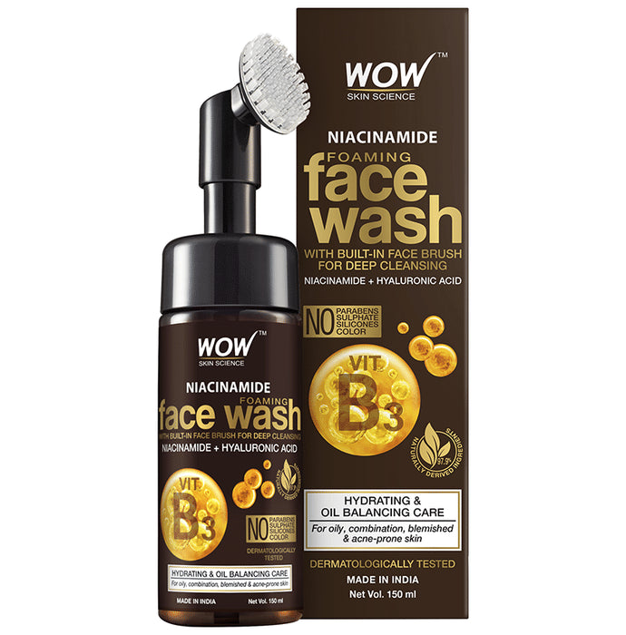 WOW Skin Science Niacinamide Foaming Face Wash with Built-In Face Brush - Classic Derma