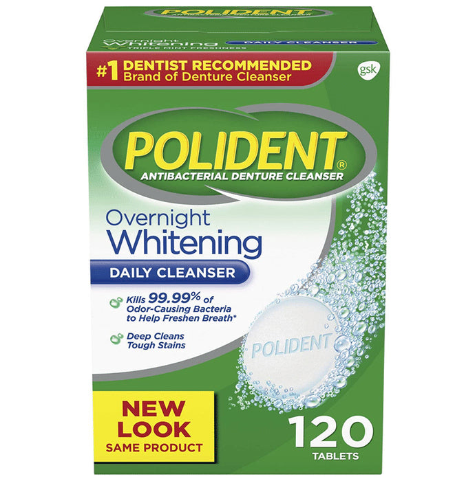 Polident Antibacterial Denture Cleanser Overnight Whitening Tablet - Classic Derma