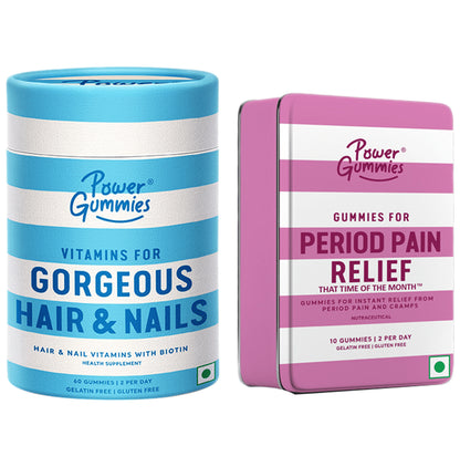 Power Gummies Combo Pack of Vitamins for Gorgeous Hair & Nails (60 Each) & Gummies for Period Pain Relief (10 Each) - Classic Derma