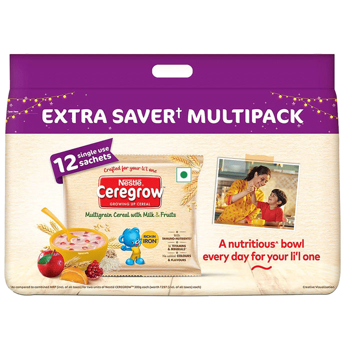 Nestle Extra Saver+ Multipack Ceregrow Multigrain Cereal with Milk & Fruits Sachet (50gm Each) - Classic Derma
