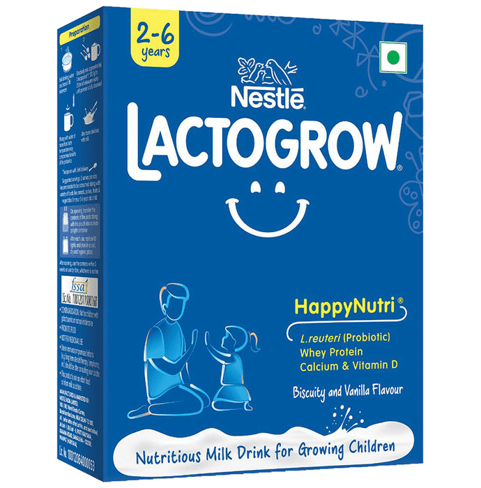 Nestle Lactogrow Nutritious Milk Drink (2 to 6 Years) Flavour Biscuity and Vanilla - Classic Derma