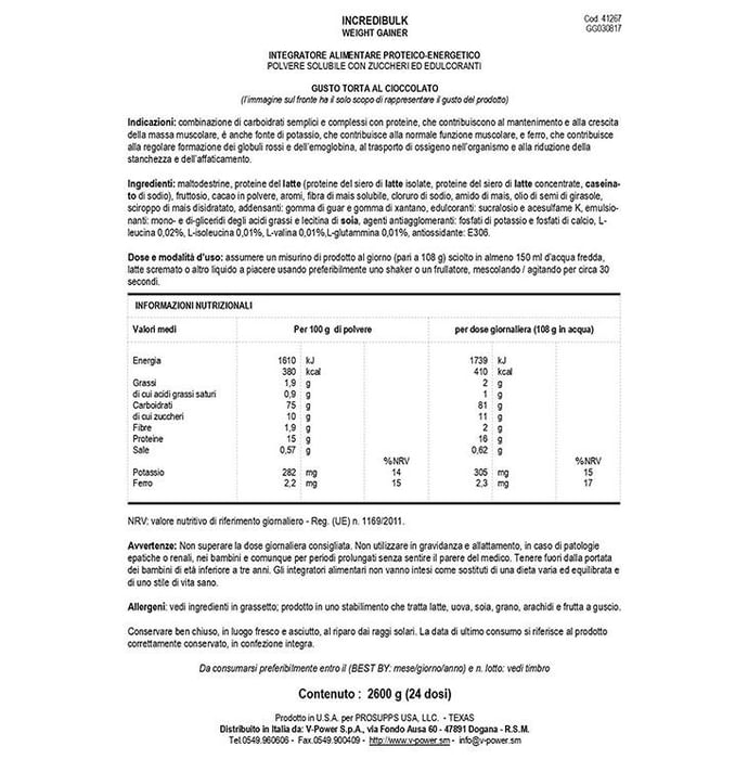 Pro Supps Incredibulk Weight Gainer Formula Chocolate Fudge Cake