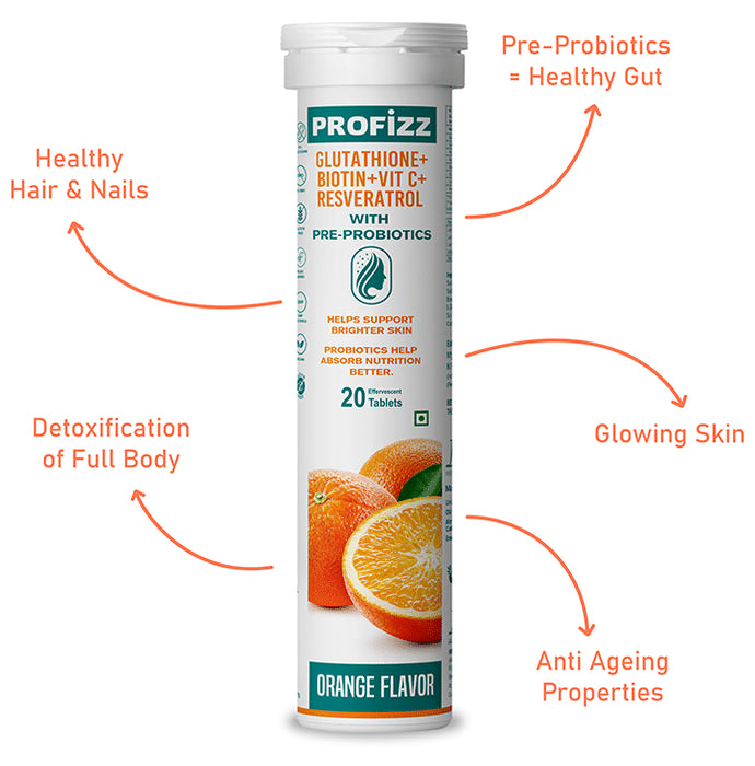 Profizz Glutathione + Biotin + Vit C + Resveratrol with Pre-Probiotics Effervescent Tablet (20 Each) Orange