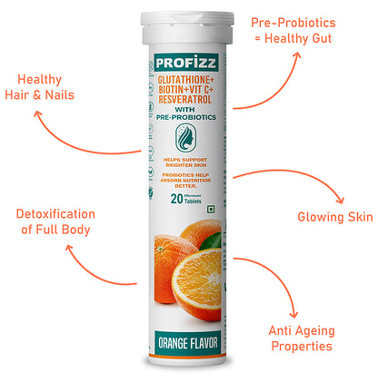 Profizz Glutathione + Biotin + Vit C + Resveratrol with Pre-Probiotics Effervescent Tablet (20 Each) Orange