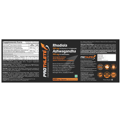 Prothlete Rhodiola 300mg 3% Rosavins & 1% Salidroside Ashwagandha 300mg 5% Withanolides Veg Capsule