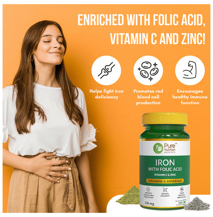 Pure Nutrition Iron with Folic Acid, Vitamin C & Zinc | For Haemoglobin Production | Tablet
