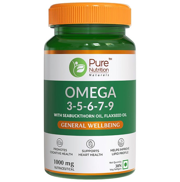 Pure Nutrition Omega 3-5-6-7-9 with Seabuckthorn & Flaxseed Oil | Veg Softgels for Heart & Brain Health - Classic Derma