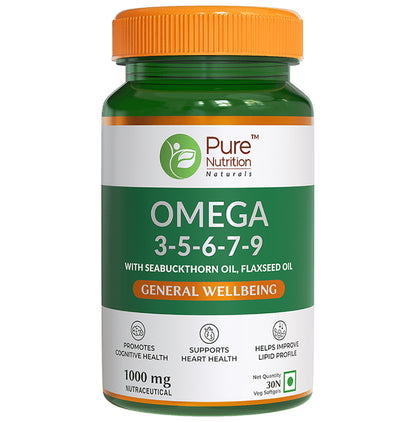 Pure Nutrition Omega 3-5-6-7-9 with Seabuckthorn & Flaxseed Oil | Veg Softgels for Heart & Brain Health - Classic Derma