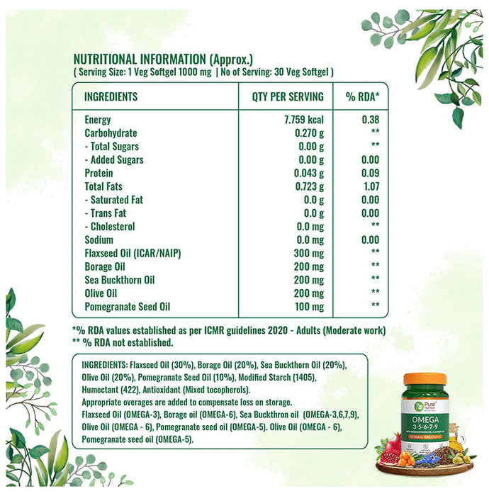 Pure Nutrition Omega 3-5-6-7-9 with Seabuckthorn & Flaxseed Oil | Veg Softgels for Heart & Brain Health