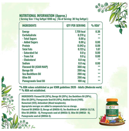 Pure Nutrition Omega 3-5-6-7-9 with Seabuckthorn & Flaxseed Oil | Veg Softgels for Heart & Brain Health