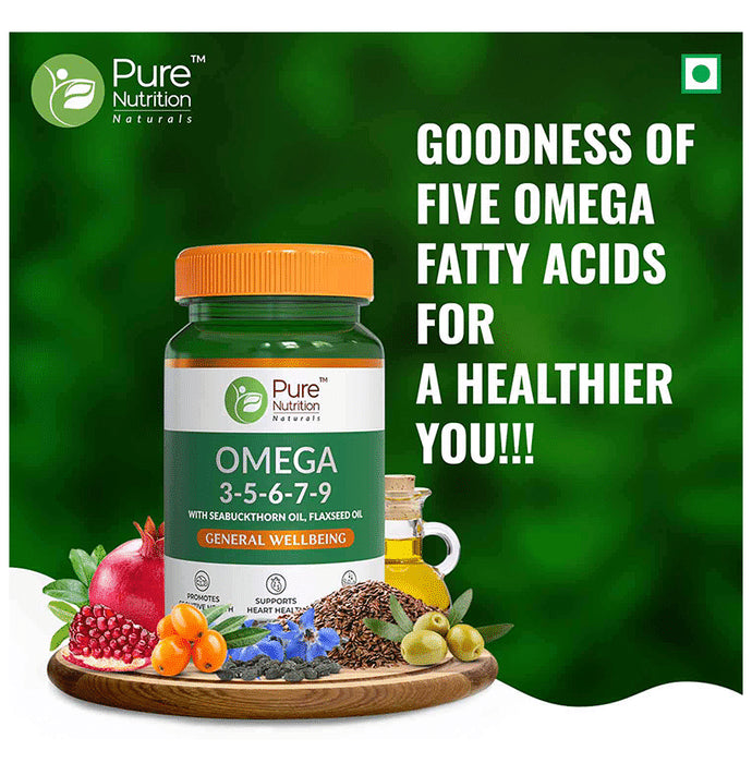 Pure Nutrition Omega 3-5-6-7-9 with Seabuckthorn & Flaxseed Oil | Veg Softgels for Heart & Brain Health