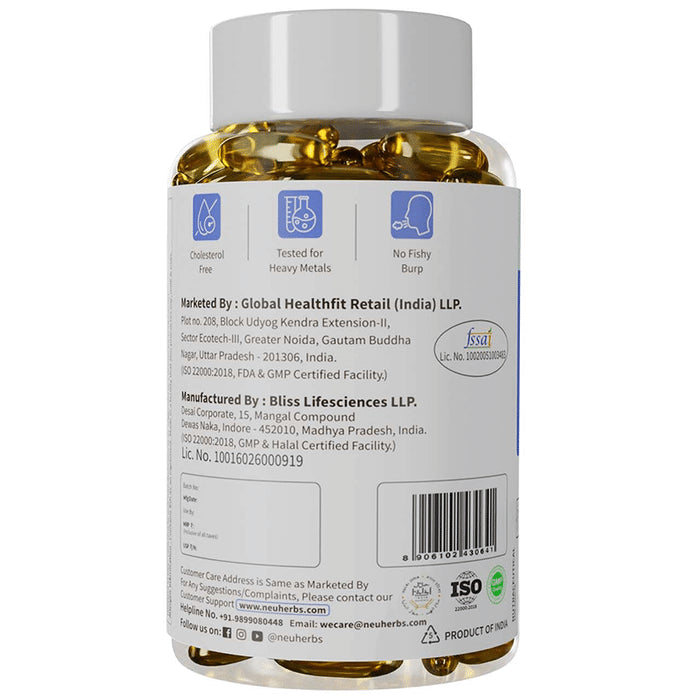 Neuherbs Deep-Sea Fish Oil with Omega 3 & Vitamin D3 | Soft Gels for Heart, Brain, Bone & Skin