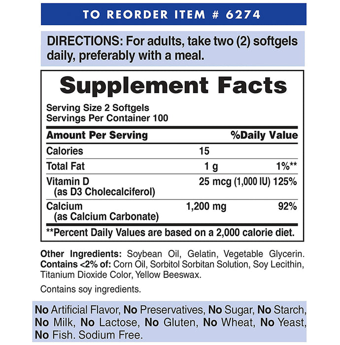 Puritan's Pride Absorbable Calcium 1200mg Plus Vitamin D3 1000IU Rapid Release Softgel