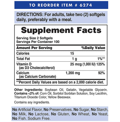 Puritan's Pride Absorbable Calcium 1200mg Plus Vitamin D3 1000IU Rapid Release Softgel