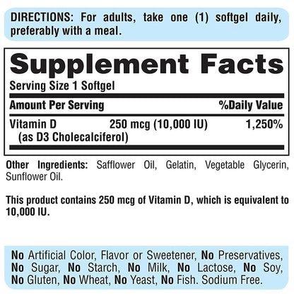 Puritan's Pride Sunvite Mega-Potency Vitamin D3 250mcg Rapid Release Softgel