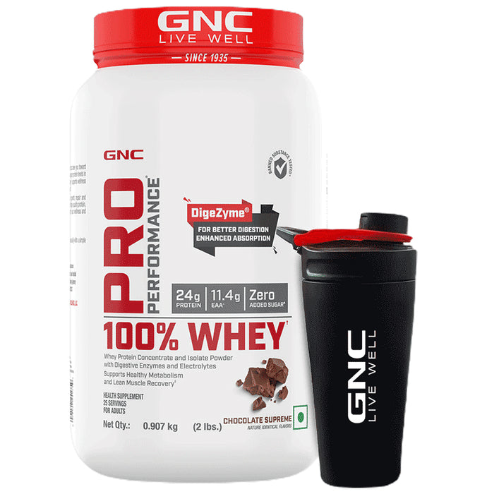 GNC Live Well Pro Performance 100% Whey Powder Chocolate Fudge with Black Steel Shaker - Classic Derma