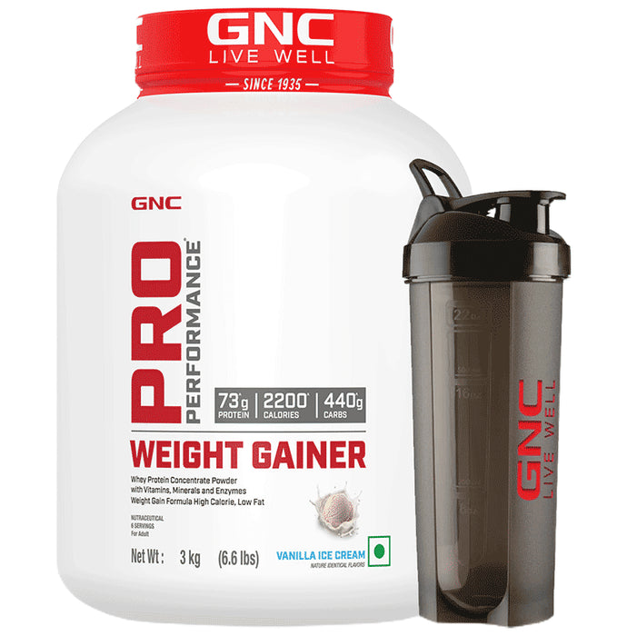 GNC Live Well Pro Performance Weight Gainer Powder Powder Vanilla Icecream with Black Plastic Shaker - Classic Derma