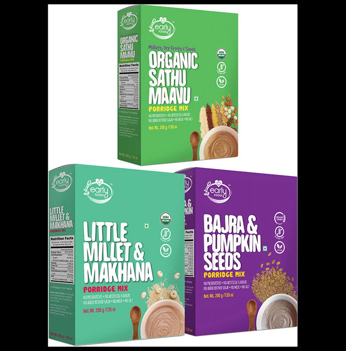 Early Foods Combo Pack of Organic Sathu Maavu Porridge Mix, Little Millet & Makhana Porridge Mix and Bajra & Pumpkin Seeds Porridge Mix (200gm Each) - Classic Derma