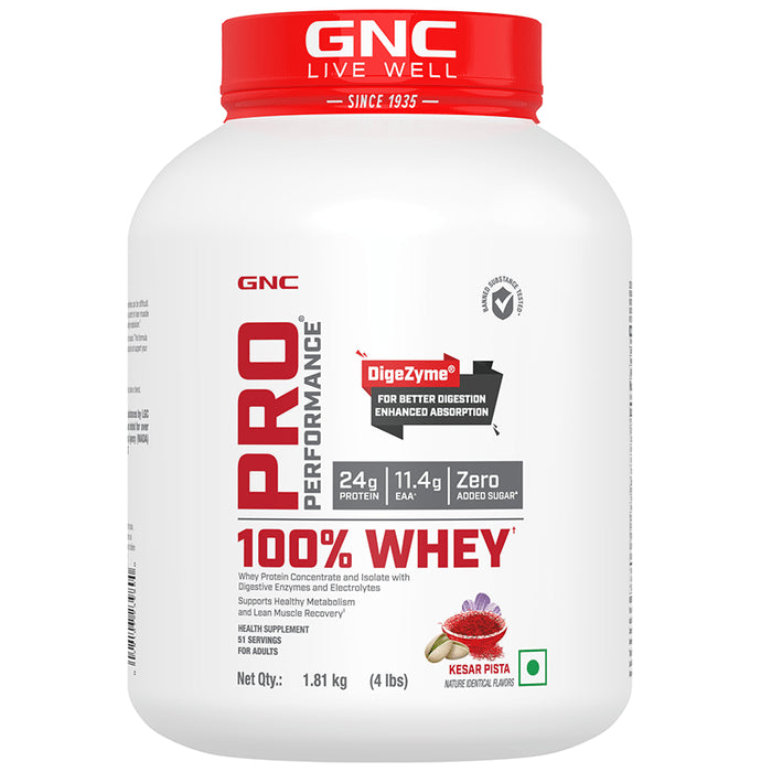 GNC Pro Performance 100% Whey Protein | With Digestive Enzymes & Electrolytes | For Metabolism & Lean Muscles Recovery | Flavour Powder Kesar Pista - Classic Derma