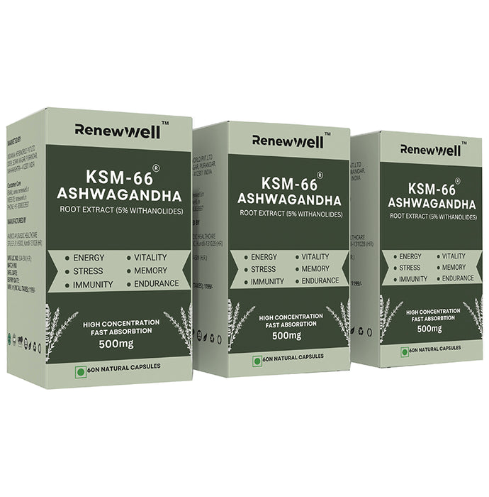 Renewwell KSM 66 Ashwagandha Capsules (60 Each) - Classic Derma
