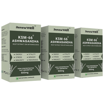 Renewwell KSM 66 Ashwagandha Capsules (60 Each) - Classic Derma