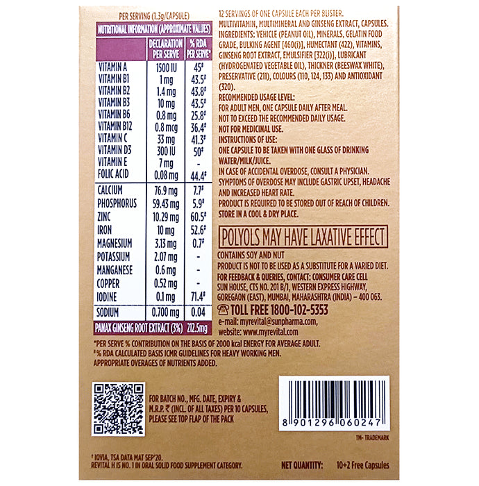 Revital H Men Multivitamin with Calcium, Zinc & Ginseng for Immunity, Strong Bones & Energy