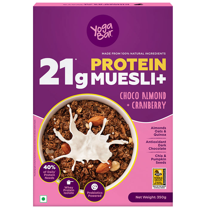 Yoga Bar 21g Protein Muesli+ | With Whey Protein & Probiotics | Choco Almond+Cranberry - Classic Derma
