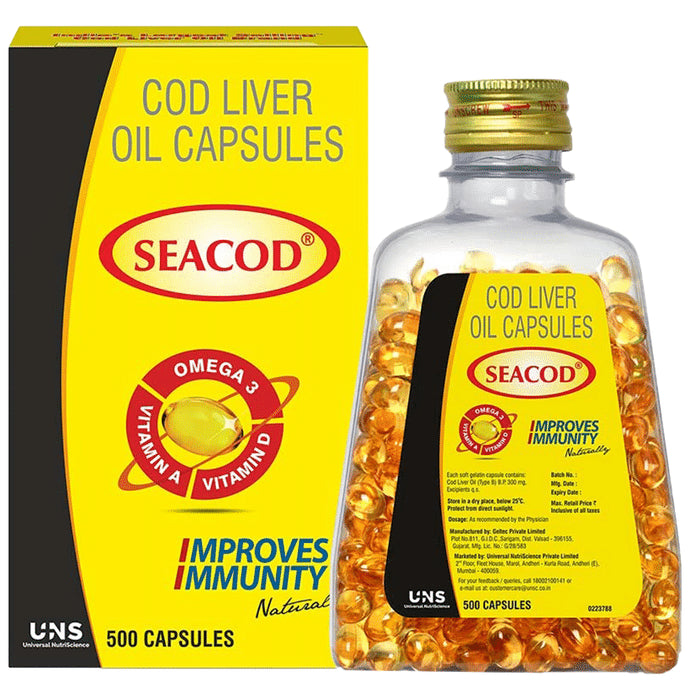 Seacod Cod Fish Liver Oil Softgel Capsules With Natural Omega 3, Natural EPA & DHA |Vitamin D & A | For Immune Health, Healthy Heart, Brain, Eyes, Joints & Muscles - Classic Derma