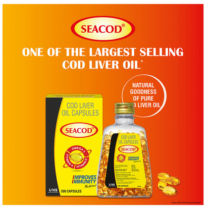 Seacod Cod Fish Liver Oil Softgel Capsules With Natural Omega 3, Natural EPA & DHA |Vitamin D & A | For Immune Health, Healthy Heart, Brain, Eyes, Joints & Muscles