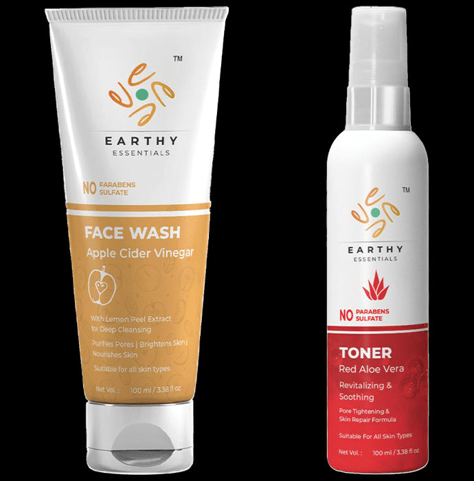 Earthy Essentials Combo Pack of Apple Cider Vinegar Face Wash & Red Aloe Vera Toner (100ml Each) - Classic Derma