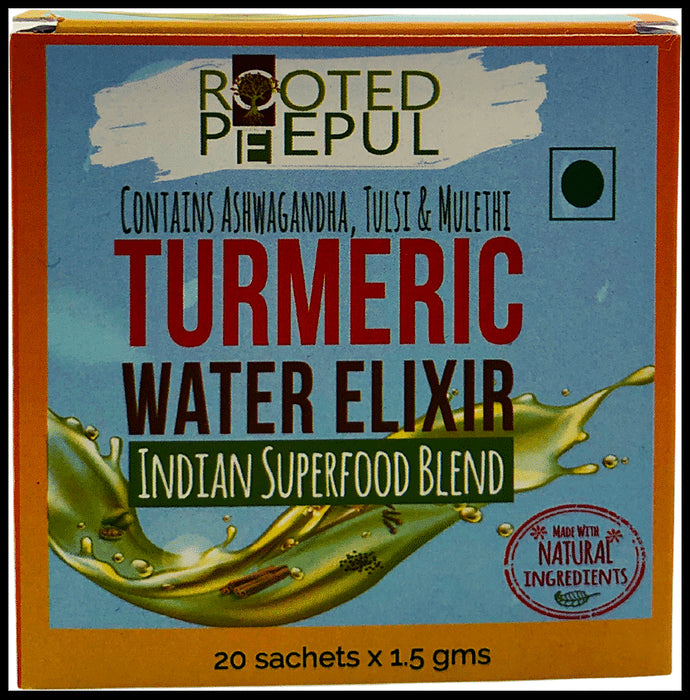 Rooted Peepul Combo Pack of Turmeric Water Elixir Indian Superfood Blend Sachet 1.5gm & Spiced Turmeric Latte Mix Sachet 3gm (20 Each) - Classic Derma