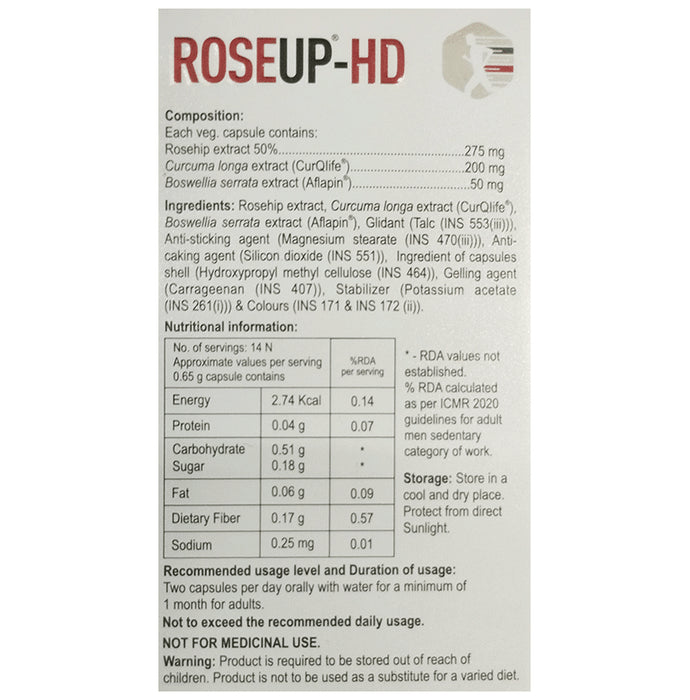 Roseup-Hd Veg Capsule with Rosehip, Curcuma Longa & Boswellia Serrata