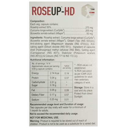 Roseup-Hd Veg Capsule with Rosehip, Curcuma Longa & Boswellia Serrata