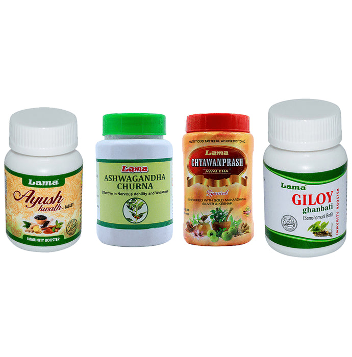 Lama Immunity Pack for Kids (Giloy Ghanbati 60 Tablet, Ayush Kwath 60 Tablet, Ashwagandha Churna 100gm & Chyawanprash Special 500gm) - Classic Derma