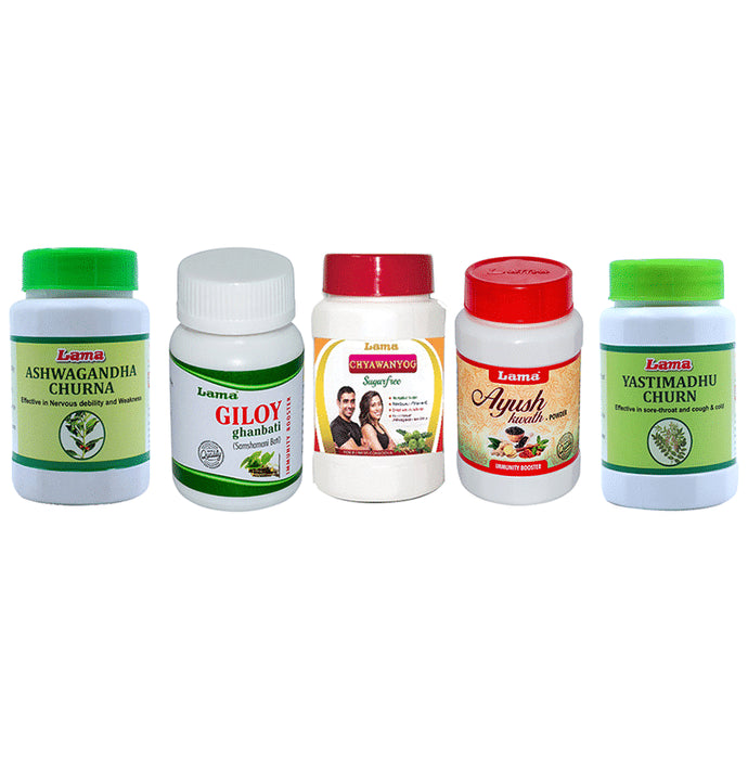 Lama Immunity Pack for Senior Citizen (Diabetic - Giloy Ghanbati 60 Tablet, Ayush Kwath Powder 100gm, Ashwagandha Churna 100gm, Yastimamdhu Churn 100gm & Chyawanyog 500gm) - Classic Derma