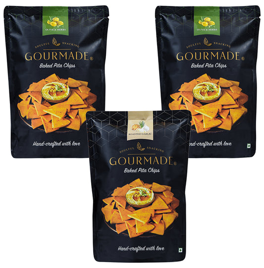 ?Gourmade Soulful Snacking Combo Pack of Pita Chips Olive & Herbs-2 & Roasted Garlic-1 (125gm Each) - Classic Derma