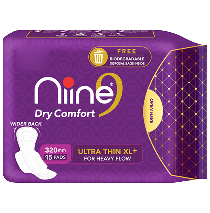 Niine XL+ Dry Comfort Ultra Thin Sanitary Pads for Heavy Flow with Biodegradable Disposable Bags Inside (15 Pads Each) - Classic Derma