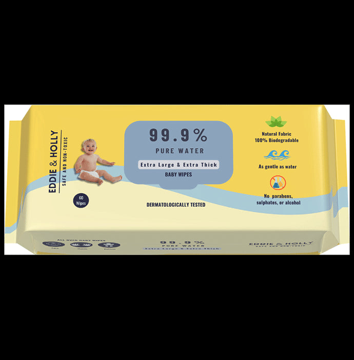 Eddie & Holly Extra Large & Extra Thick 999% Pure Water Baby Wipes (60 Each) - Classic Derma