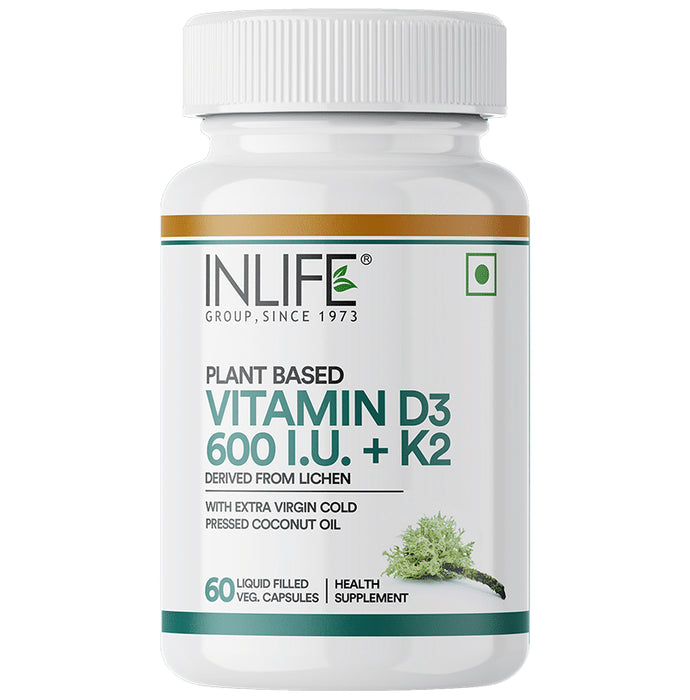 Inlife Plant Based Vitamin D3 600I.U. + K2 for Bones, Teeth & Immunity | Liquid Filled Capsule - Classic Derma