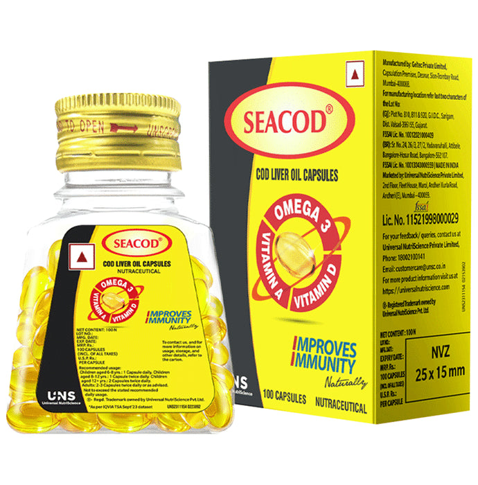Seacod Cod Fish Liver Oil Softgel Capsules With Natural Omega 3, Natural EPA & DHA |Vitamin D & A | For Immune Health, Healthy Heart, Brain, Eyes, Joints & Muscles - Classic Derma